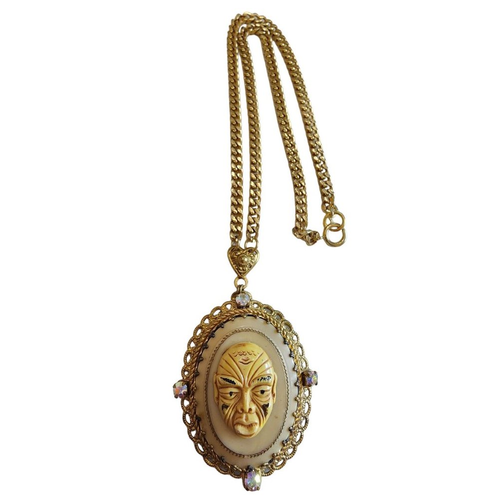 Unique Signed West Germany Resin Face Glass Pendant Necklace (A1801)
